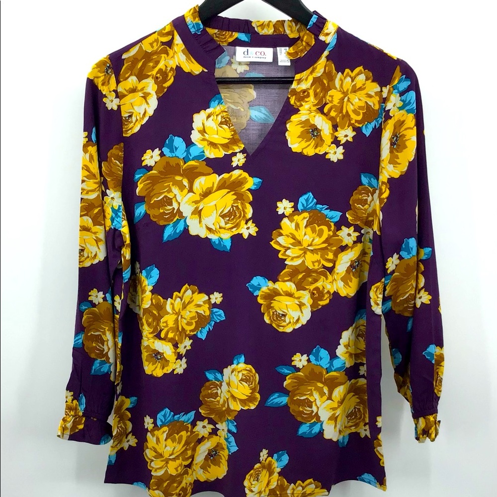 Denim&Co. Purple & Yellow Floral V-Neck Tunic Top